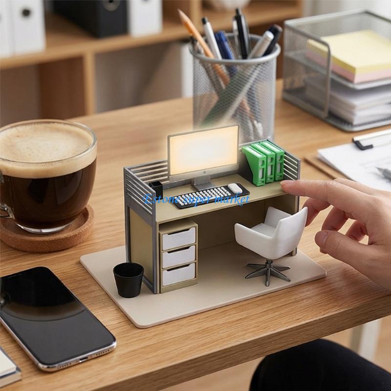 Home Office Architecture - 090B โต๊ะคอมพิวเตอร์จิ๋วพร้อมเก้าอี้และอุปกรณ์ตกแต่งบ้านตุ๊กตา
