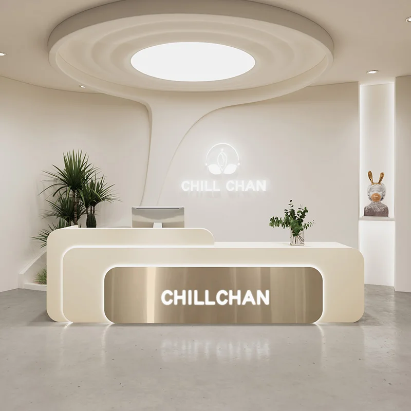 Home Office Tienda - โต๊ะประชาสัมพันธ์รูปตัวแอลสีขาวสำหรับร้านเสริมสวย ร้านค้า โต๊ะคิดเงิน ดีไซน์ทันสมัย พร้อมลิ้นชัก เฟอร์นิเจอร์สำนักงาน