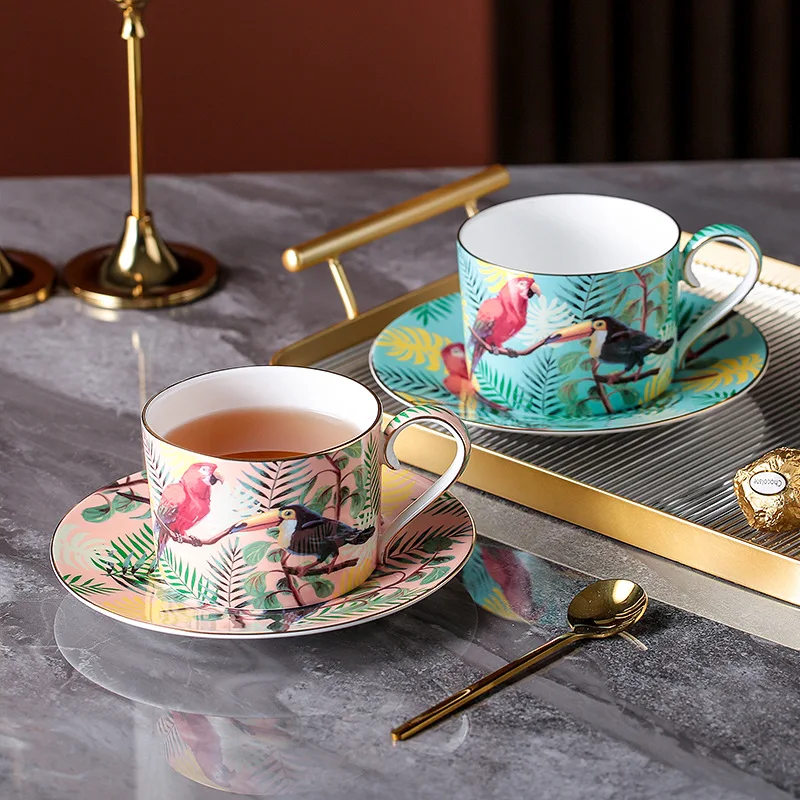 Home Office British - แก้วกาแฟลายสัตว์ป่าอังกฤษ แก้วน้ำชาเซรามิกพร้อมจานรอง แก้วน้ำชาพอร์ซเลนสำหรับจิบชายามบ่าย แก้วมัคสำหรับใช้ในบ้าน/ออฟฟิศ ของขวัญ