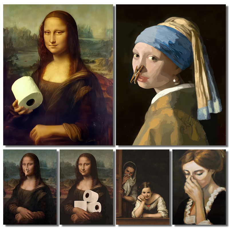 Home Office Youtube - ภาพตกแต่งห้องน้ำลายกราฟิกแนวตลก 1 ชิ้น ภาพโปสเตอร์สาวโมนาลิซาประดับไข่มุก สำหรับตกแต่งห้องนั่งเล่น ไม่มีกรอบ