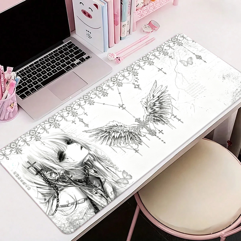 Home Office Keyboard And Mouse - แผ่นรองเมาส์หนังสีดำสีขาวอะนิเมะความงามของสาวนางฟ้าแผ่นรองเมาส์อุปกรณ์สำนักงานคีย์บอร์ดเกมพีซีอีสปอร์ต HD แผ่นรองโต๊ะ